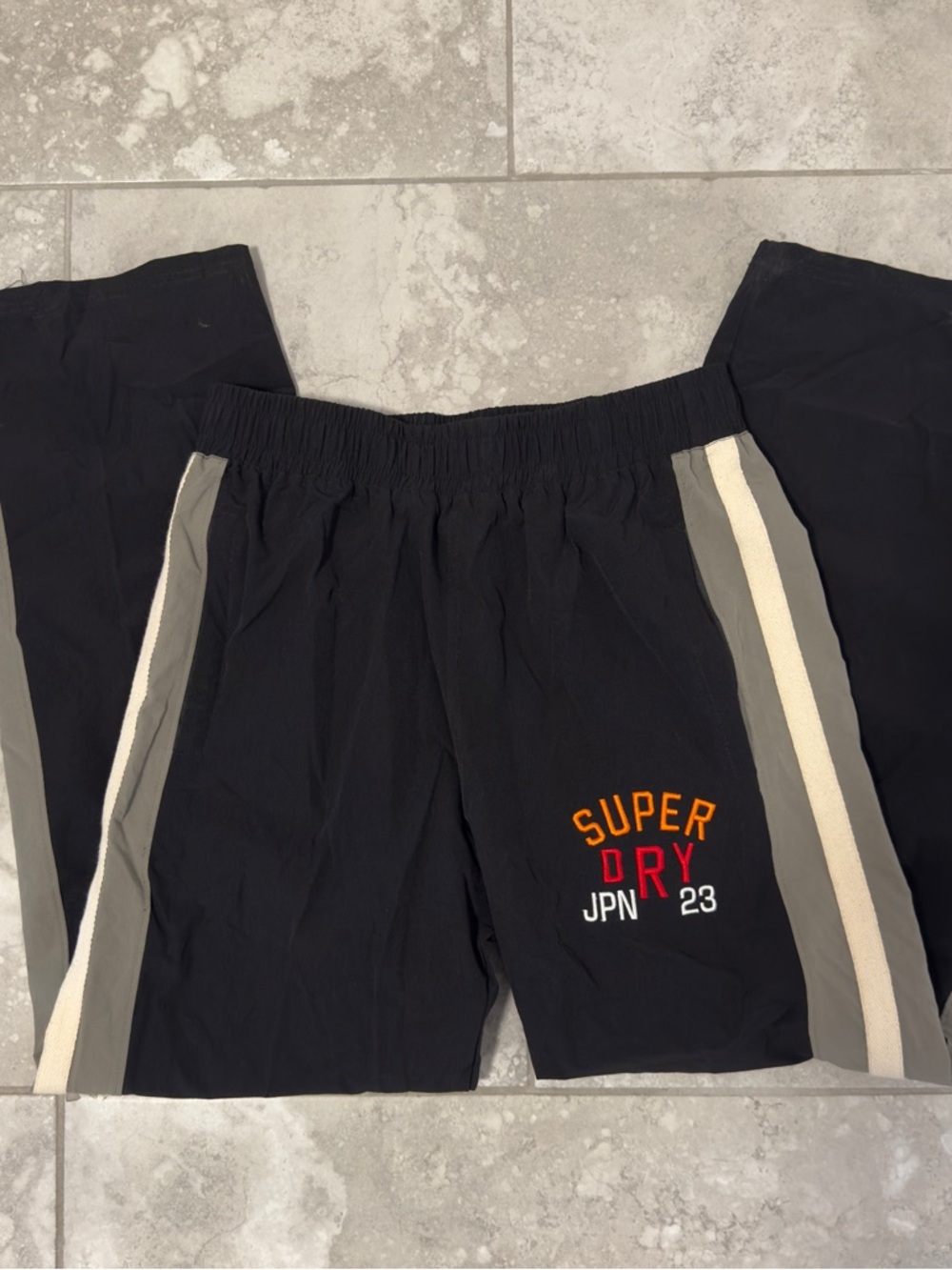Superdry Kids Navy Joggers with Grey & Cream Side Stripes JAPAN 23